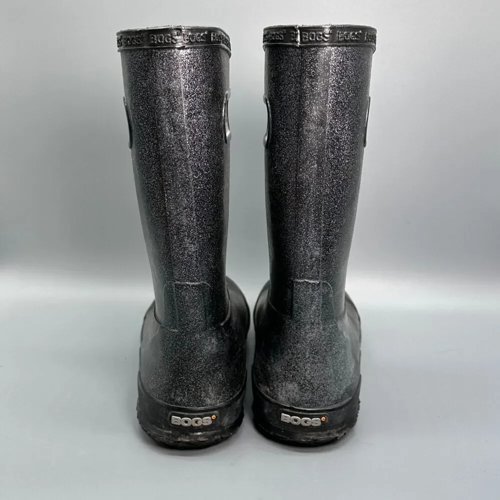Bogs Rainboot Glitter Youth Girls 6 Gray Black Sparkle Tall Pull On Waterproof